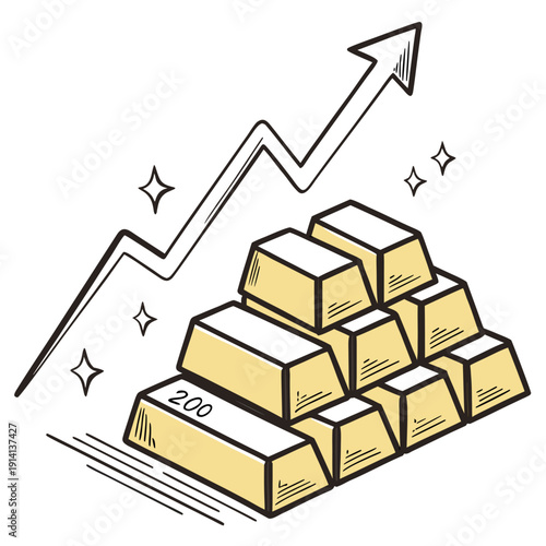 Gold bars stacked in a pyramid with rising graph line and sparkles