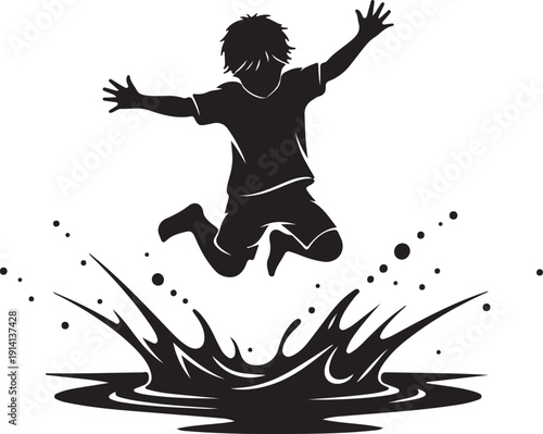  Dynamic solid black silhouette of a person jumping or diving into water with a splash.