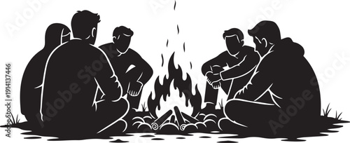 Minimalist solid black silhouette of a group of friends sitting around a campfire at night.