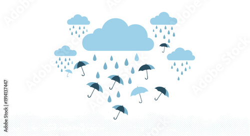 Creative concept illustration displays light blue clouds raining dark blue and teal umbrellas over a minimalist white space.