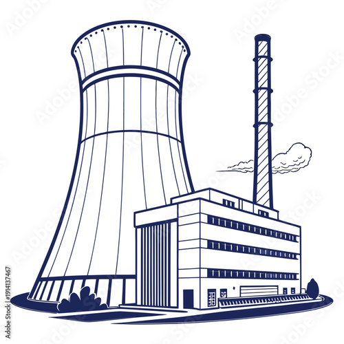 Nuclear power plant with cooling tower and smokestack