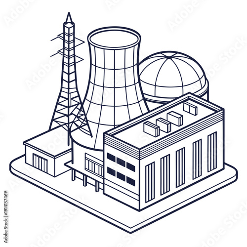 Isometric nuclear power plant with cooling tower and reactor building