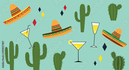 Festive Mexican fiesta design elements including sombreros, cacti, and cocktails are scattered on a turquoise background.