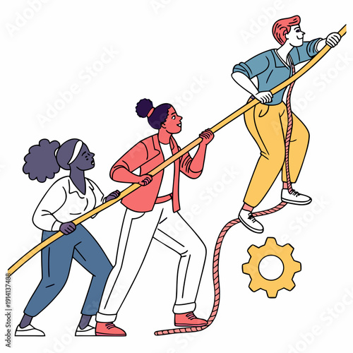 Teamwork concept with diverse people pulling rope to help coworker