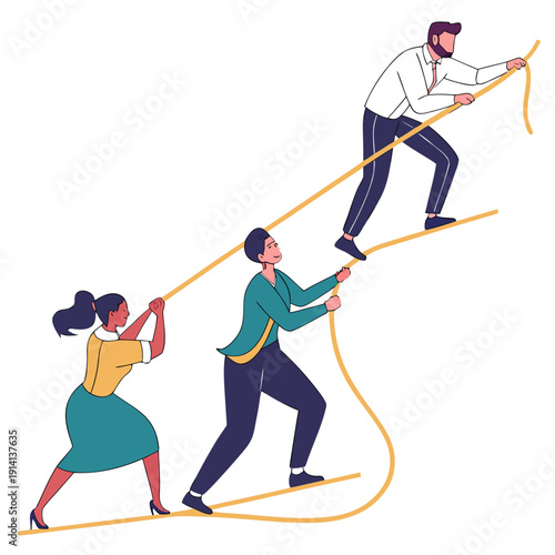 Teamwork concept with people pulling rope up