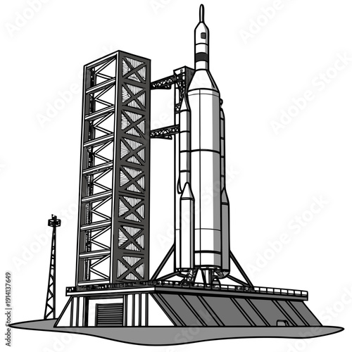 Grayscale of a rocket on a launchpad space black and white