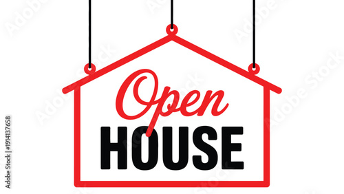 open house real estate sign with hanging house frame and bold typography isolated on light background