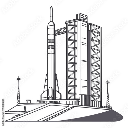 Space launch pad with rocket and service tower spaceport