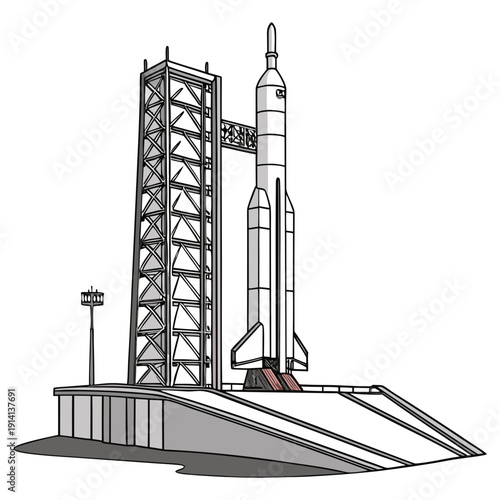 Space rocket on launchpad with tower spacecraft