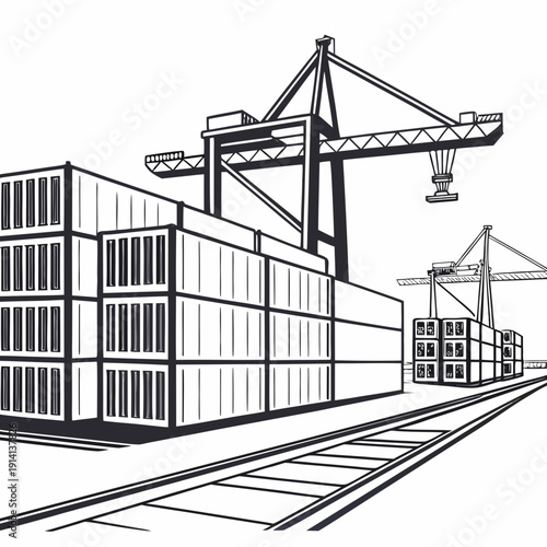 Black and white of shipping containers and cranes industrial