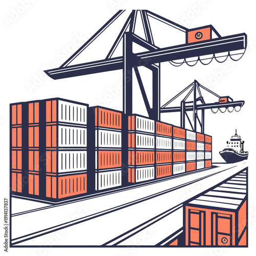 Industrial cargo containers on dock with cranes and ship