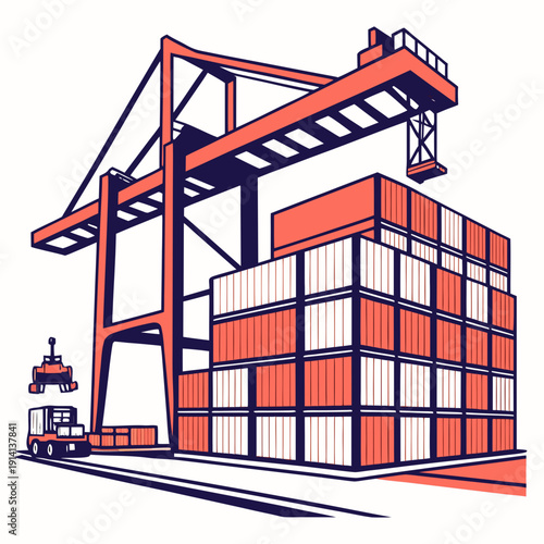 Orange and navy blue of stacked shipping containers and gantry crane
