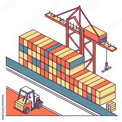 Colorful of cargo ship with containers and crane forklift