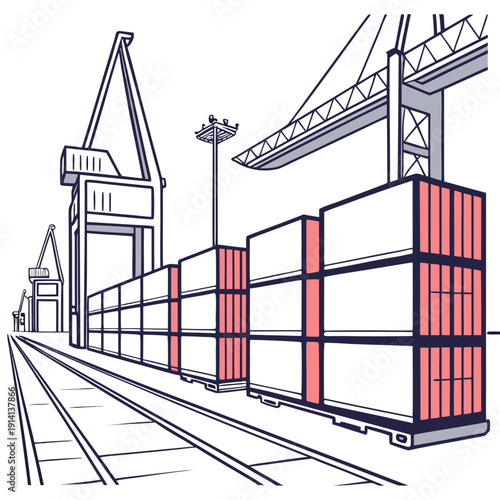 Shipping yard with stacked containers and cranes cargo containers