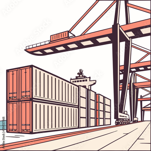 Industrial cargo containers and cranes at port terminal
