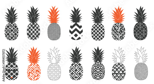 Array of stylized pineapples features bold geometric patterns in black, white, and bright orange on a plain background.