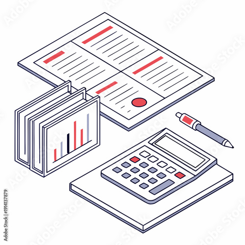 Isometric view of calculator and paperwork with graphs