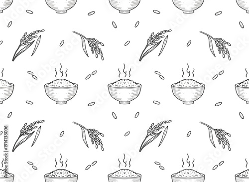 Seamless rice bowl and rice plant pattern hand drawn organic food agriculture outline vector background