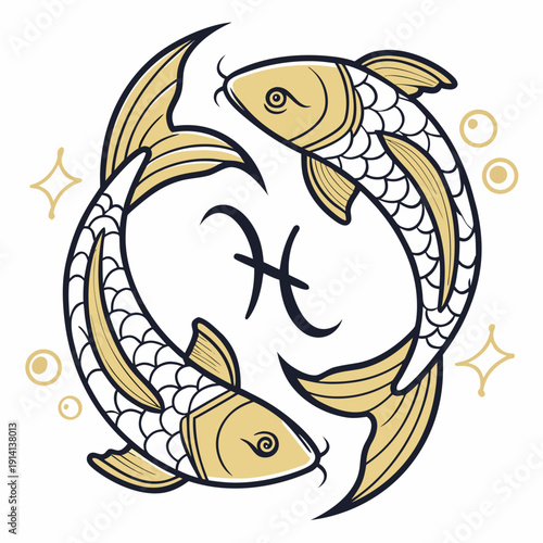 Gold pisces zodiac symbol with two fish