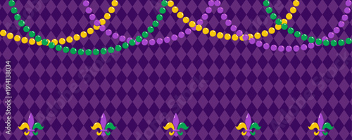 Mardi Gras banner with purple harlequin pattern, festive beads, and fleur de lis symbols. Carnival party background vector illustration.