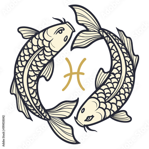 Gold zodiac symbol pisces with two fish gold symbol