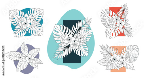 Tropical botanical illustrations of monstera leaves and hibiscus flowers are set against abstract colorful shapes.