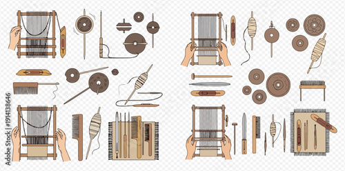Set of weaving tools and equipment for textile production, including looms, shuttles, and yarn.