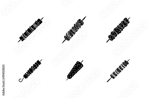 Grilled meat shish kebab skewer silhouette icons
