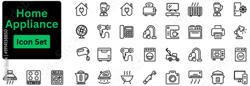 Line art vector of Home Appliance icon set. Line Icons of tv, oven, microwave, blender, coffee maker, toaster and more. Outline icons set.