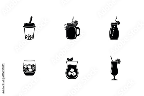 Cold beverage and cocktail drink silhouette icons

