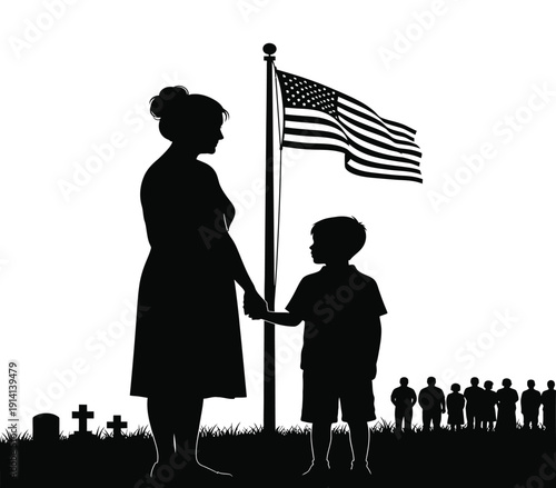 Patriotic mother and child honoring fallen soldiers