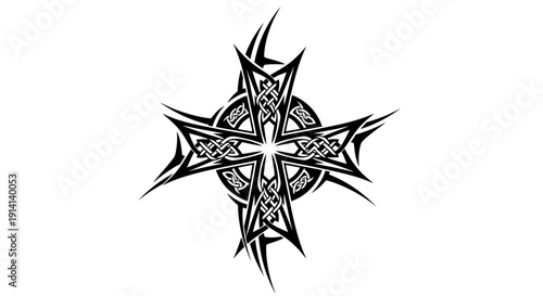 Celtic Cross Tattoo Design, Tribal Knotwork, Black Ink, Isolated