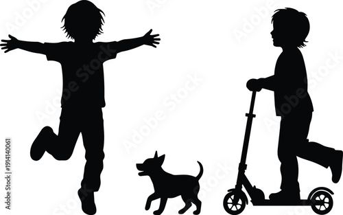 Silhouette children playing, boy running, girl riding scooter, dog running, outdoor activity vector, childhood fun illustration, playful kids design, pet companionship art