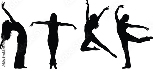 Dancer silhouette icons set, woman performing graceful moves, female ballet and contemporary dance poses, artistic motion vectors, isolated black human shapes, creative performance elements,