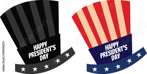 Presidents Day USA patriotic icon set collection with American flag, ribbon banner and Uncle Sam hat symbols isolated on white background vector for national holiday celebration design.