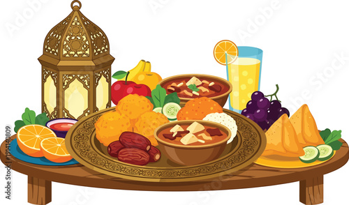 Traditional Ramadan Iftar Platter with Dates, Samosa, Pakora and Haleem – Top View Vector Illustration