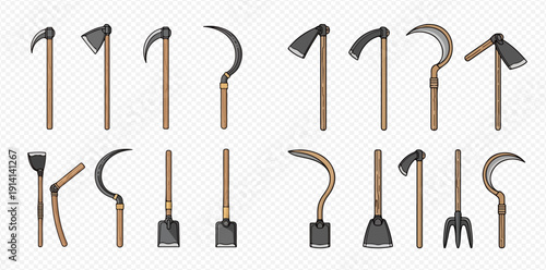 Set of various agricultural tools including sickles, hoes, and forks for farming and gardening work.