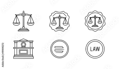 Justice Scale Outline Icon Set Minimal Law Balance Line Vector Collection on White