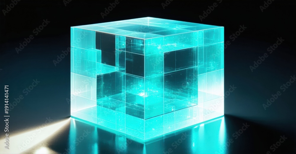 Obraz premium Glowing cube structure. Bright teal light emanates from within, reflecting on dark surface below. Minimalist, futuristic design.