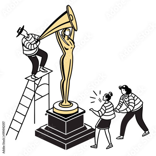 Gold gramophone trophy on pedestal with people polishing