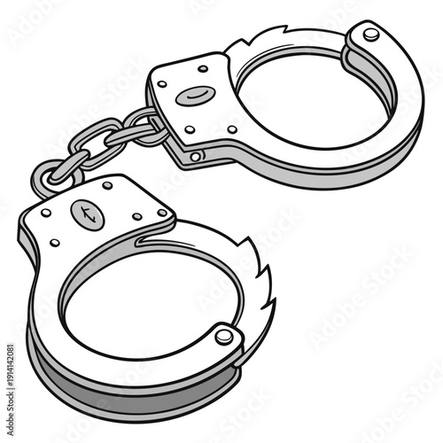 Handcuffs with chain link on white background metal