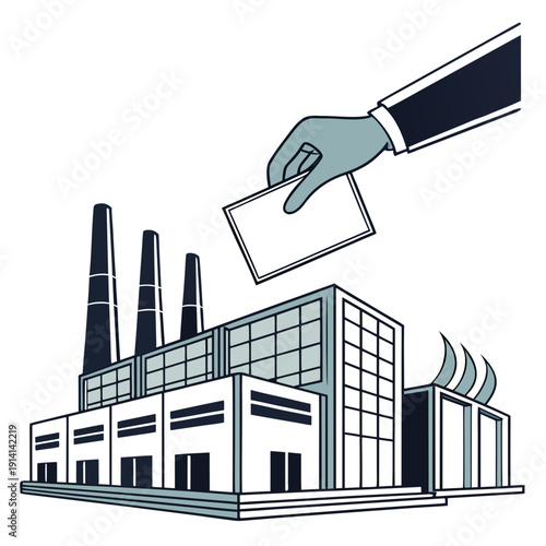 Industrial building with smokestacks and hand holding ballot 1