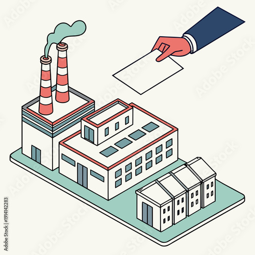 Industrial factory complex with smoking chimney and hand holding paper