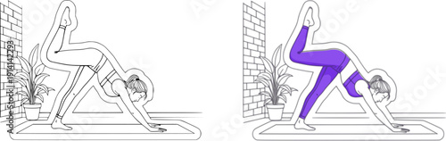 Woman in yoga pose with elevated leg and plant
