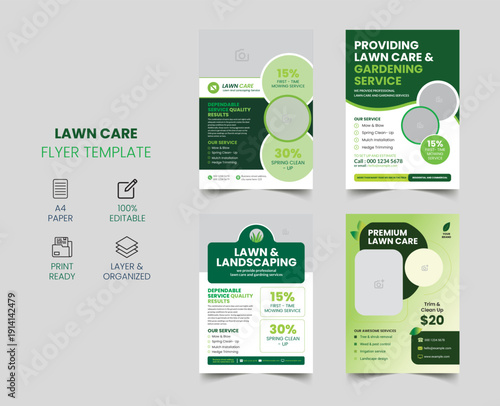 Lawn care  landscaping flyer design. green garden service and templat