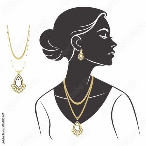 Gold jewelry on woman with two necklaces and earrings
