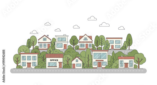 Charming cartoon neighborhood with diverse houses and trees, flat design illustration.