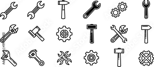 Collection of 16 black and white tool icons
