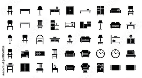 Comprehensive collection of diverse furniture and home interior vector icons, perfect for modern design projects, digital applications, and decorative element representation