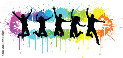 Jumping people silhouettes over colorful paint splashes background, happy youth celebration and party concept illustration for festival, music event and creative advertising design